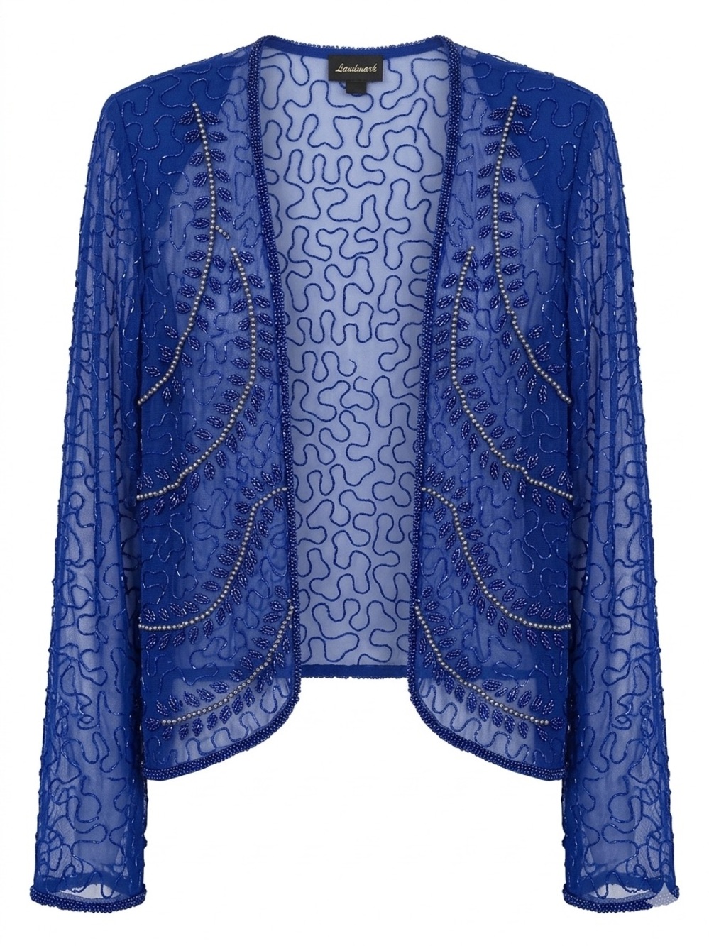 Vintage Landmark 100% Pure Silk Heavily Beaded Jacket Royal Blue Sheer Luxe
